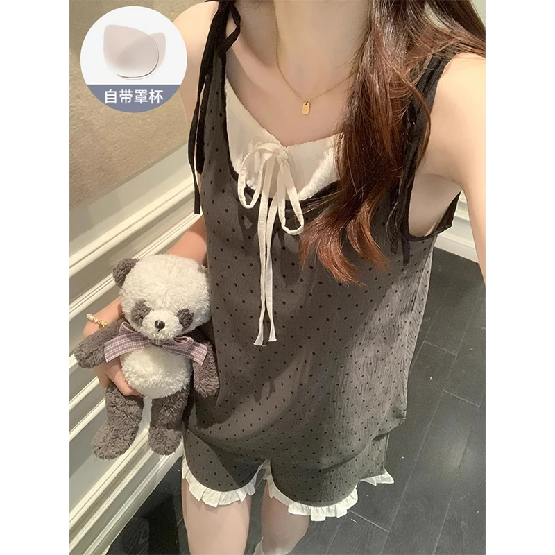 带胸垫波点睡衣女夏季薄款性感可爱蝴蝶结吊带花边短裤2025家居服