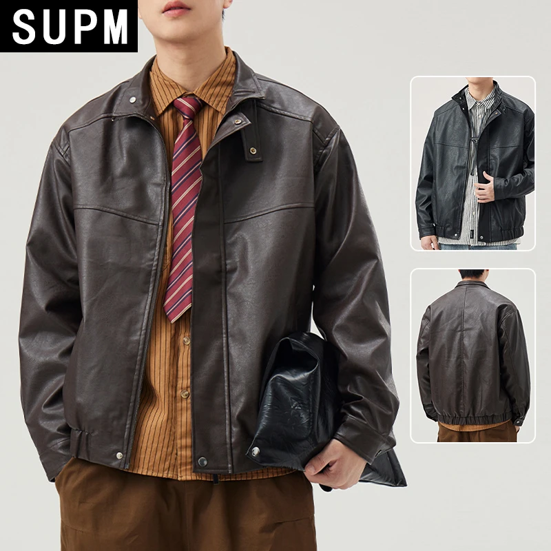 SUPM秋季新款男士复古朋克皮衣夹克短款潮牌时尚宽松翻领外套男