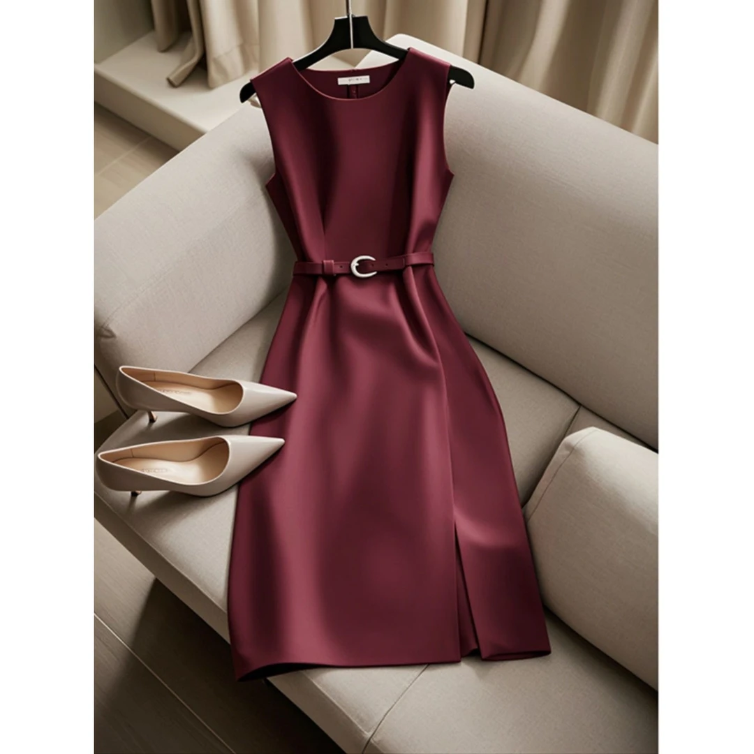 夏日钓系约会独特绝美端庄大气超好看红色收腰无袖连衣裙女小裙子