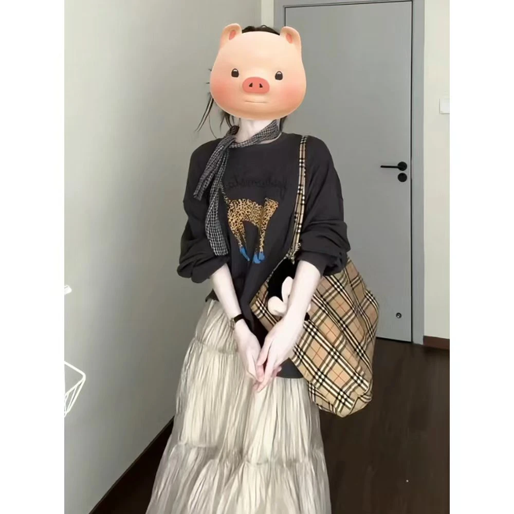 美式豹子印花高级灰长袖卫衣时髦休闲显瘦圆领上衣秋冬洋气衣服女