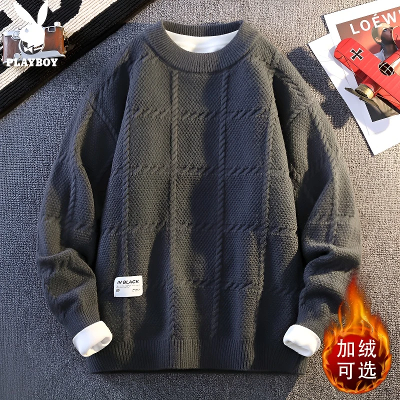 花花公子男士圆领毛衣秋冬季新款时尚潮流休闲宽松百搭加厚针织衫