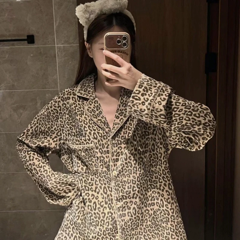 2025秋冬季新款海岛绒睡衣女豹纹高级感开衫加厚双面绒家居服套装