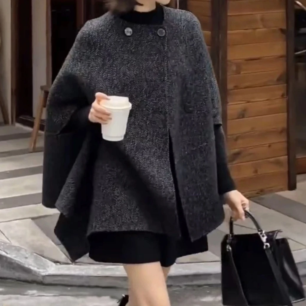 不规则显瘦披肩上衣时尚百搭休闲潮流精品女装女款秋冬灰色大衣