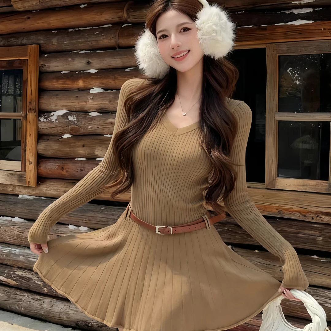 法式秋冬新款复古风修身显瘦V领针织长袖短款配腰带百褶连衣裙女