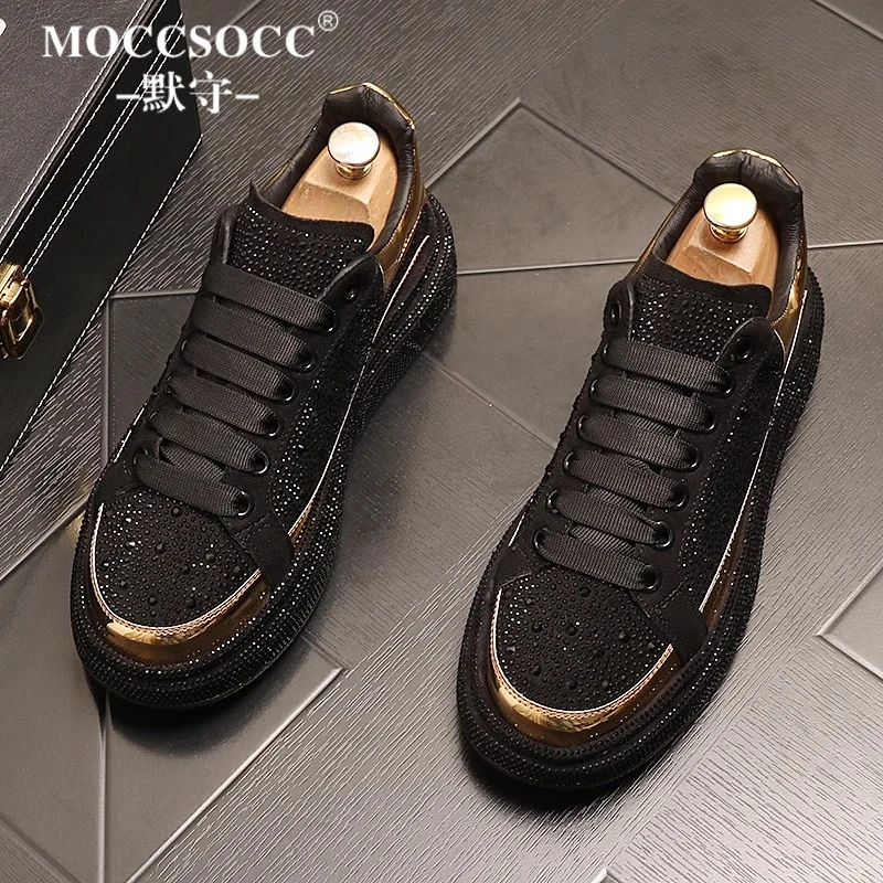 MOCCSOCC板鞋男夏季新款厚底增高鞋减震耐磨鞋水钻时尚百搭休闲鞋