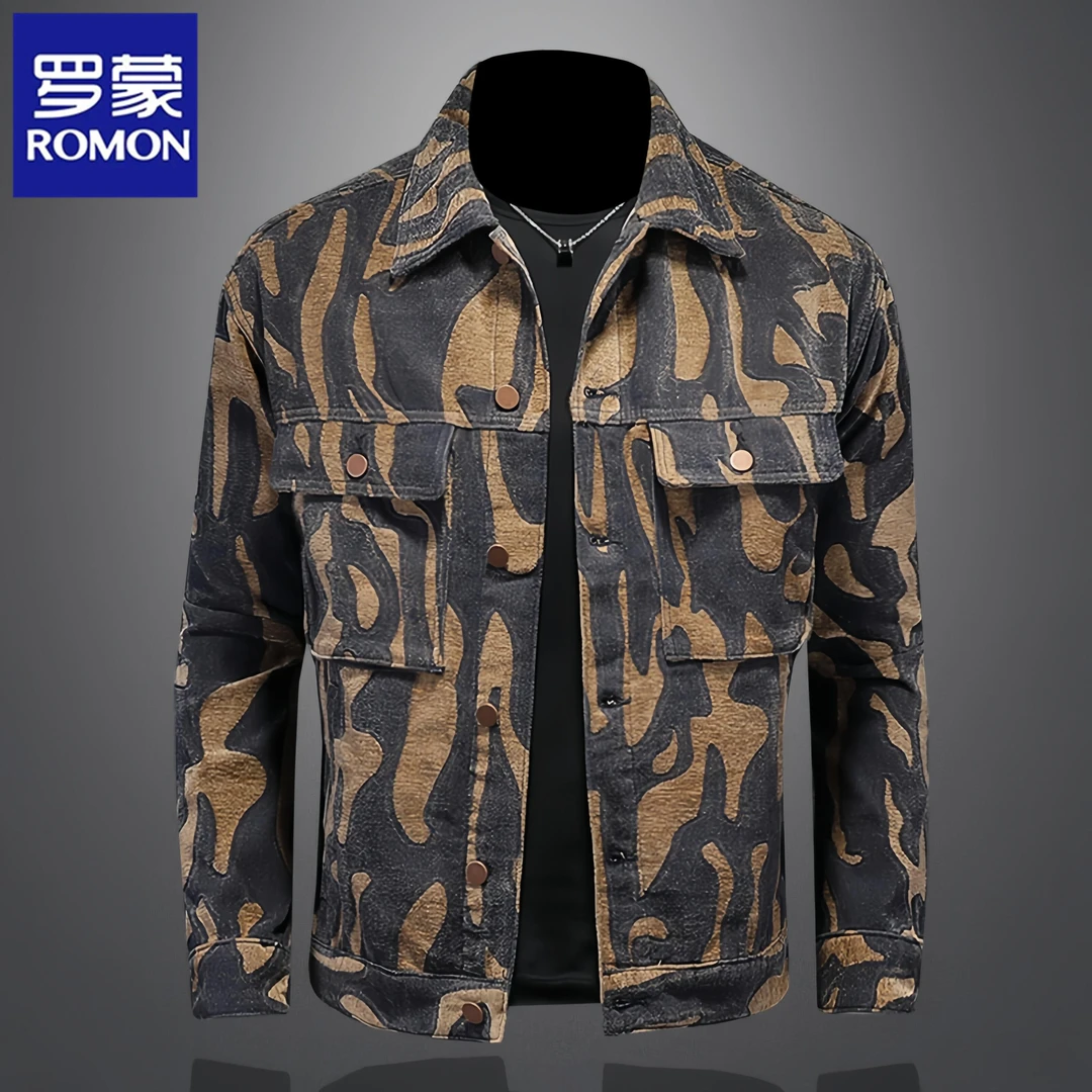 罗蒙春秋秋季新款时尚牛仔外套男士翻领迷彩复古潮流休闲夹克上衣