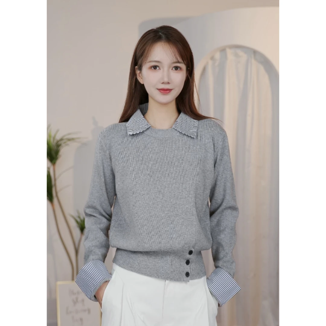 假两件条纹长袖拼接针织衫女2025秋季新款下摆纽扣收腰毛衣上衣女