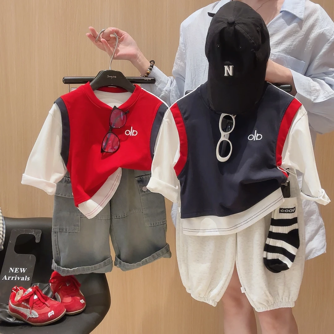 儿童长袖2025秋季新品男女童韩版假两件T恤宝宝百搭长袖