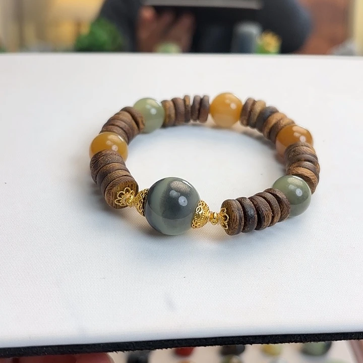 和田玉（青白玉）银S925镶嵌手链青花设计款