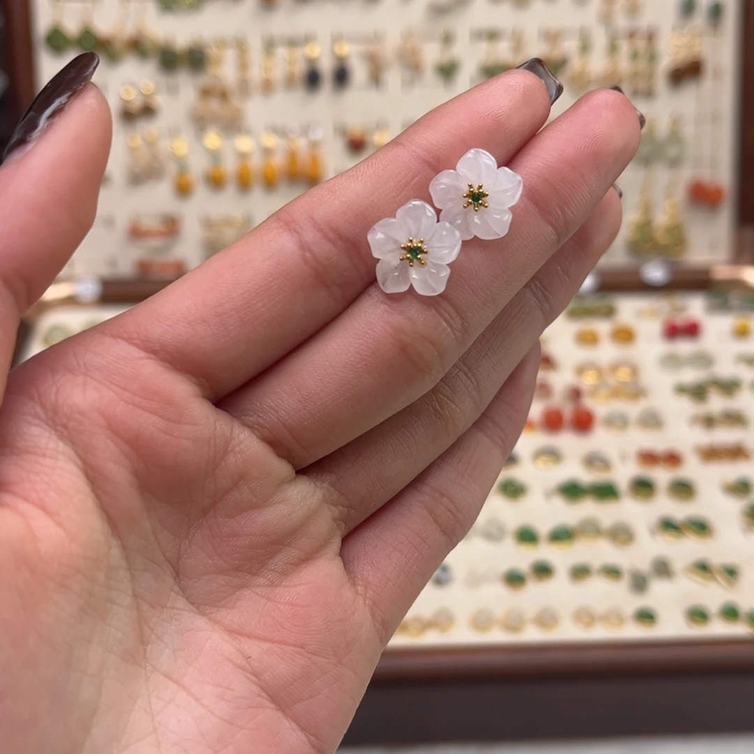 和田玉银S925镀金镶嵌耳饰