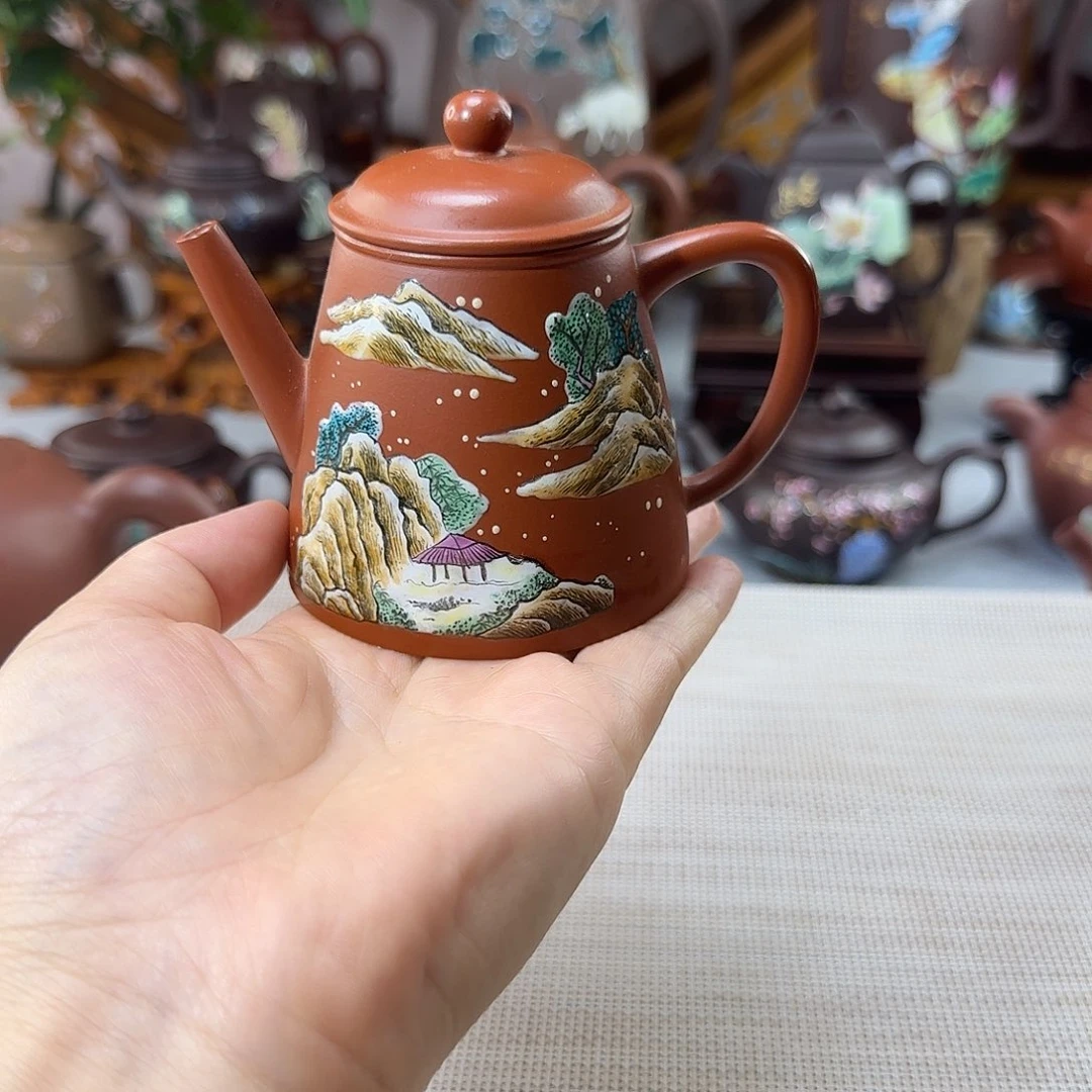 茶壶紫砂朱泥手绘山水放漏