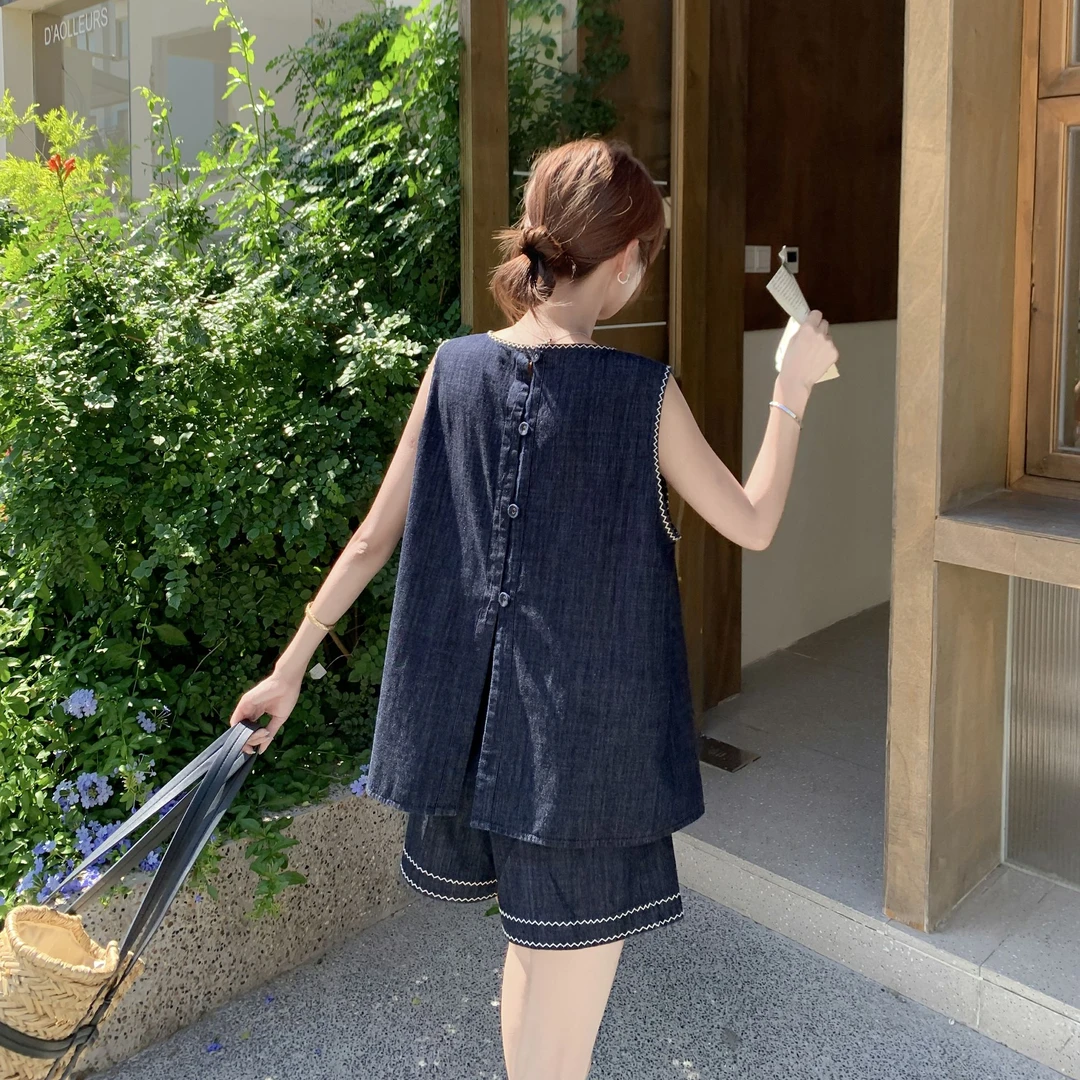 后背设计感无袖牛仔马甲短裤套装女夏2025新款巨好看两件套爆款