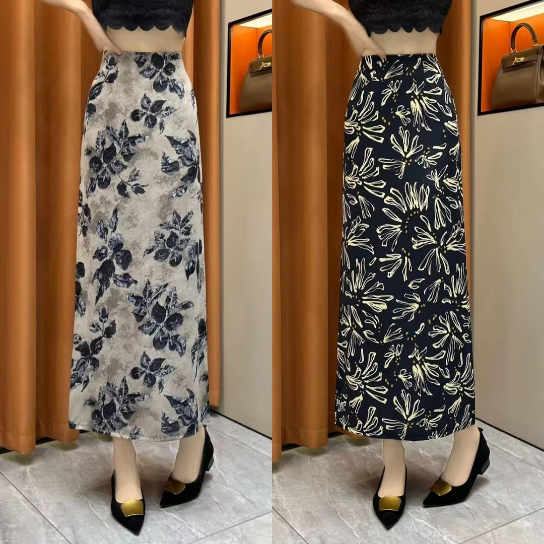 【暮色回忆】2025夏季时尚印花垂感后开叉半身裙气质高腰显瘦直筒裙