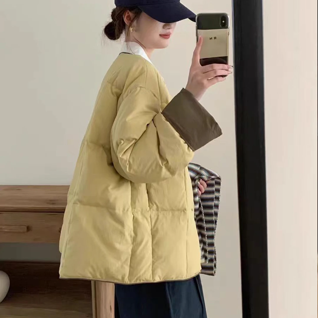 奶呼呼软糯女2025秋冬新款棉袄宽松羽绒棉衣圆领简约短款棉服外套