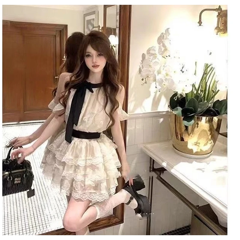 LazyDidi天鹅之梦裙摆复古裙子连衣裙甜美系带蕾丝娃娃裙休闲气质