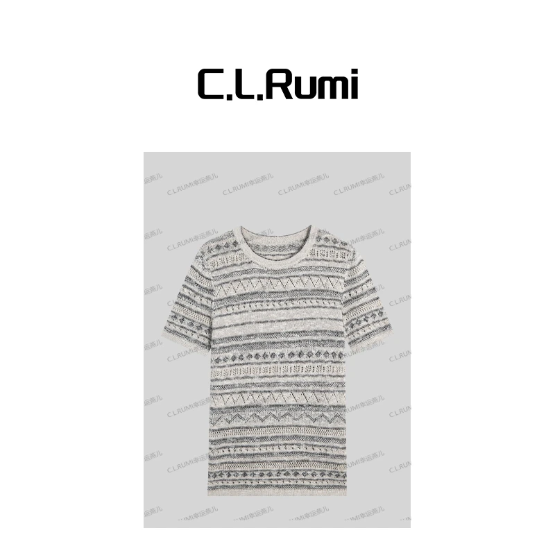 【Rumi时装】订单款“夏至”25桑蚕丝小众拼色镂空圆领短袖上衣6708sy