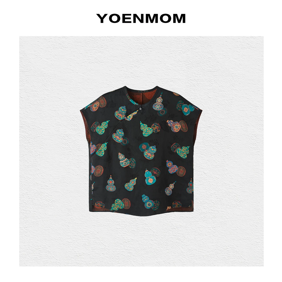 YOENMOM·多彩葫芦·100桑蚕丝泥染香云纱立裁收腰显瘦飞飞袖上衣