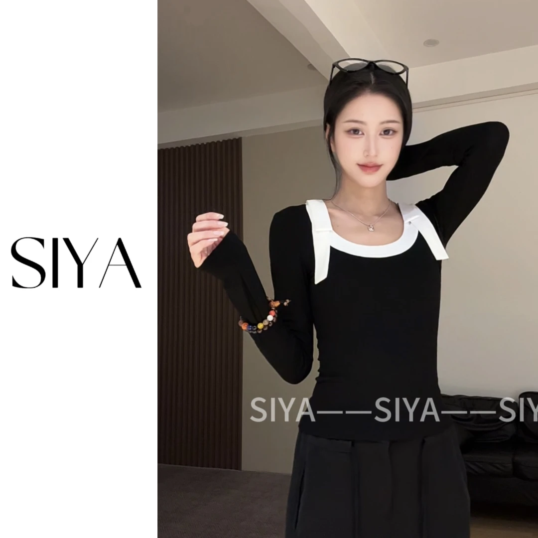 【SIYA】秋季新款韩版设计感蝴蝶结方领显瘦小众甜辣修身女T恤长袖