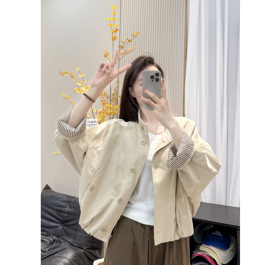 2025年秋季新款拼接条纹休闲韩系简约百搭女短款风衣外套潮