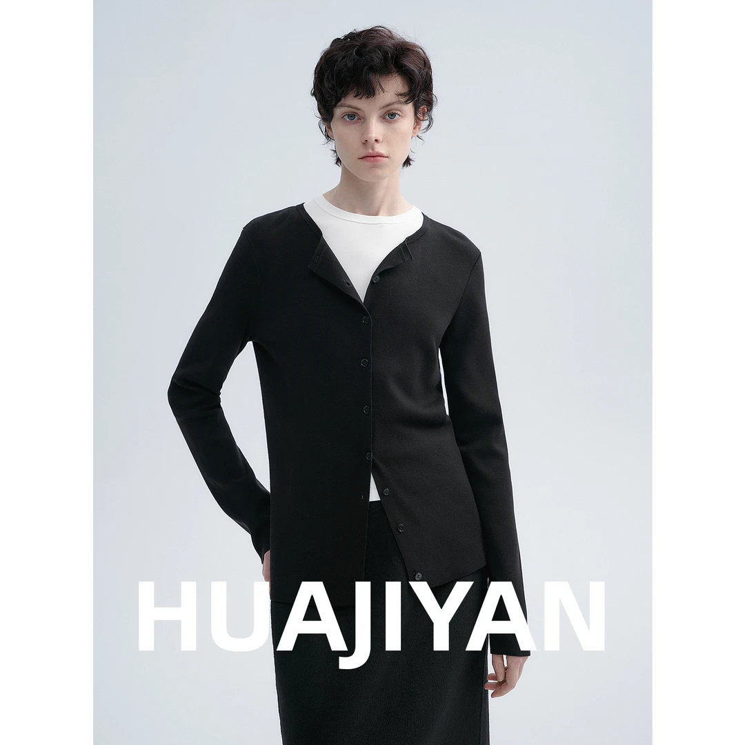 华吉言/HUAJIYAN【见秋】天丝羊毛混纺简约百搭圆领开衫