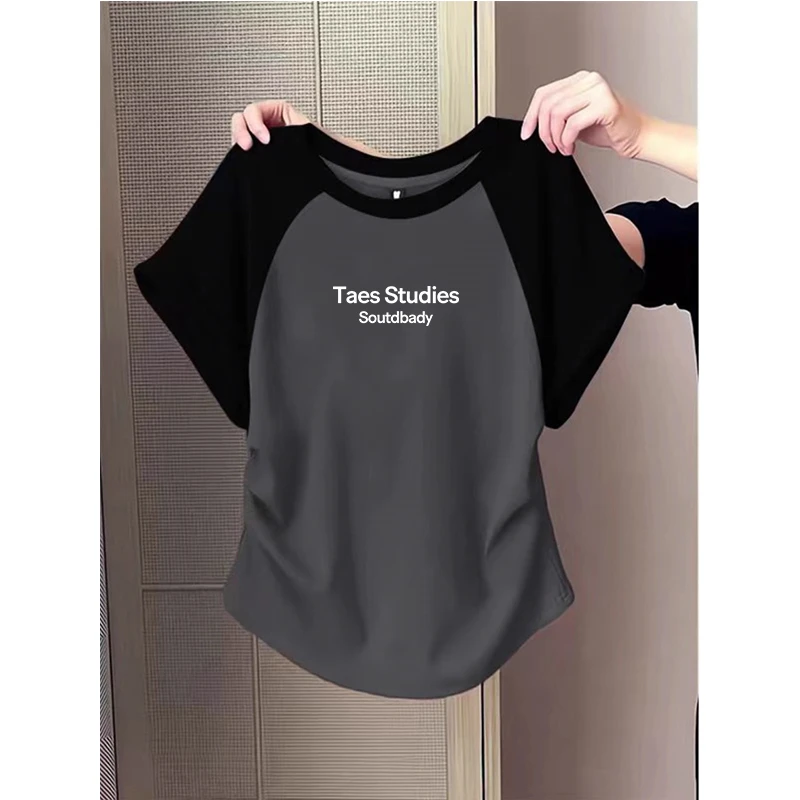 大码胖mm设计感圆弧下摆短袖T恤女士夏季纯欲风辣妹修身显瘦上衣