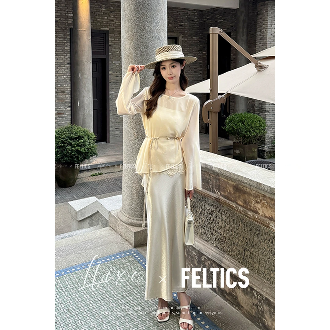 【魚文文】Liixu夏季别致收腰长袖罩衫减龄半身裙三件套FL52TZ446