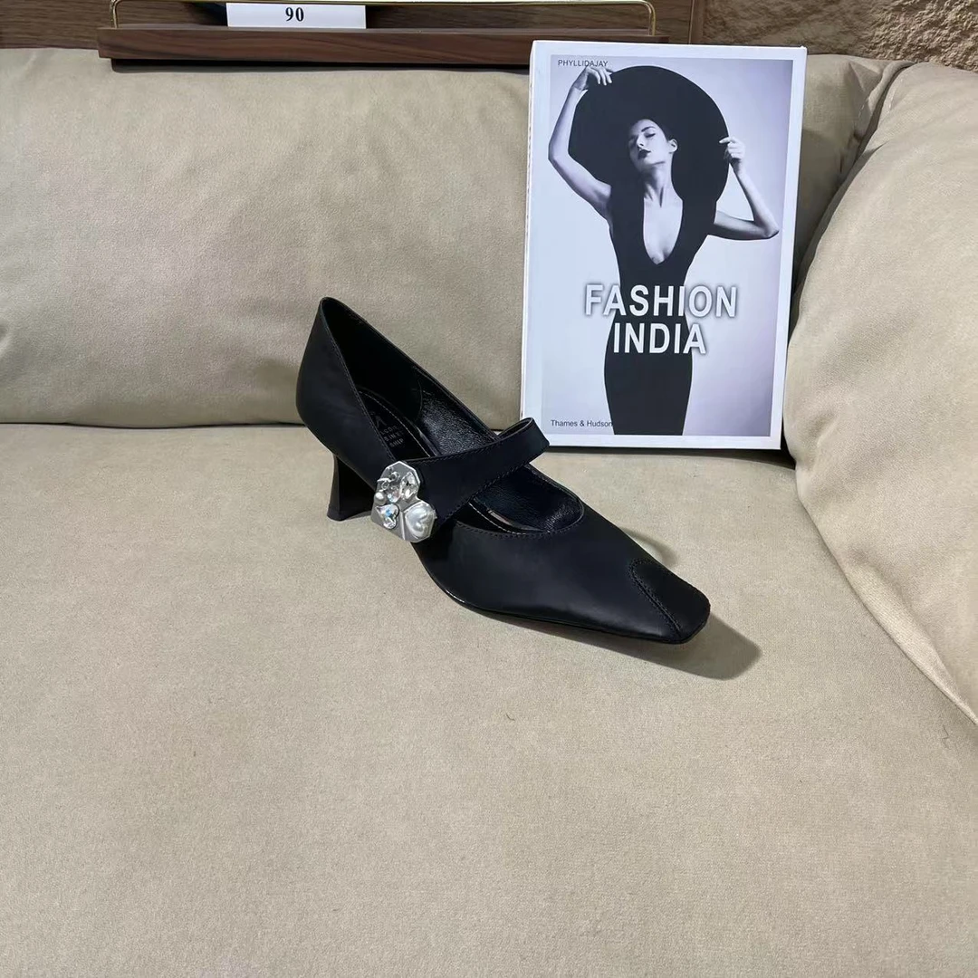 1053【玉龙茶】黑色尚春夏新款气质方头休闲一字带中跟单鞋C【4CM】