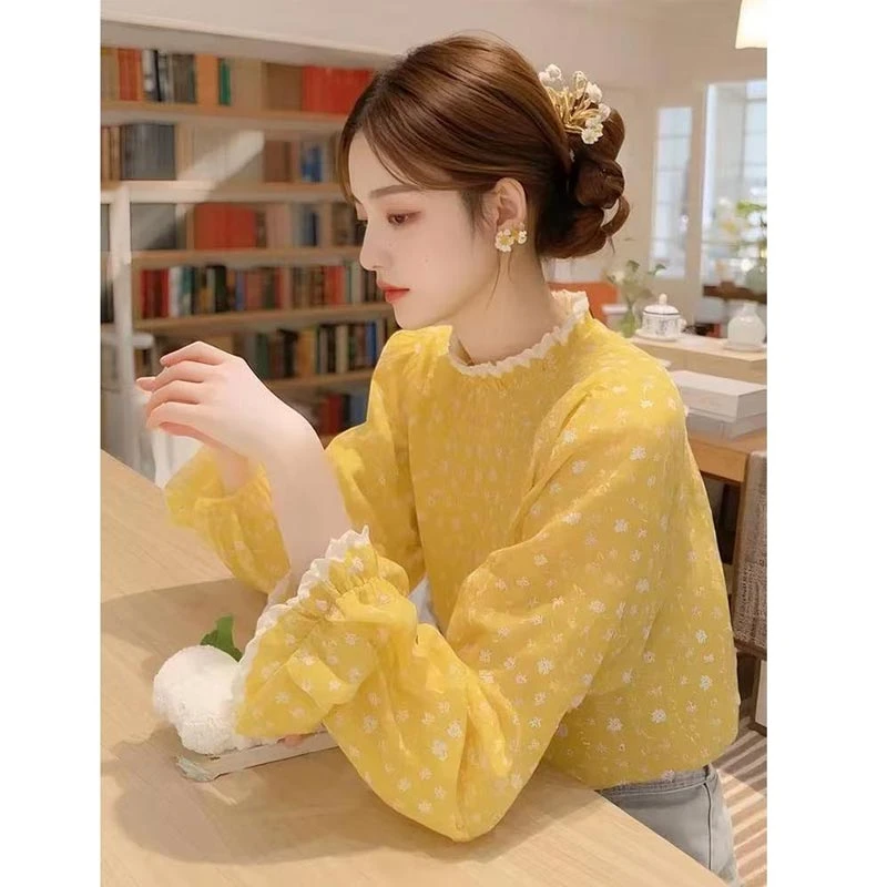 2025年春秋法式新款黄色碎花衬衫女时尚气质小众百搭个性外搭上衣