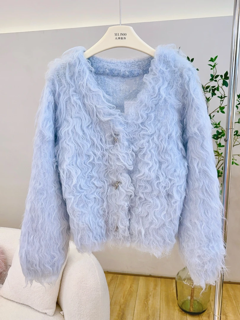 琳心丨秋冬新款蓝色V领流苏单排扣百搭针织开衫 3556