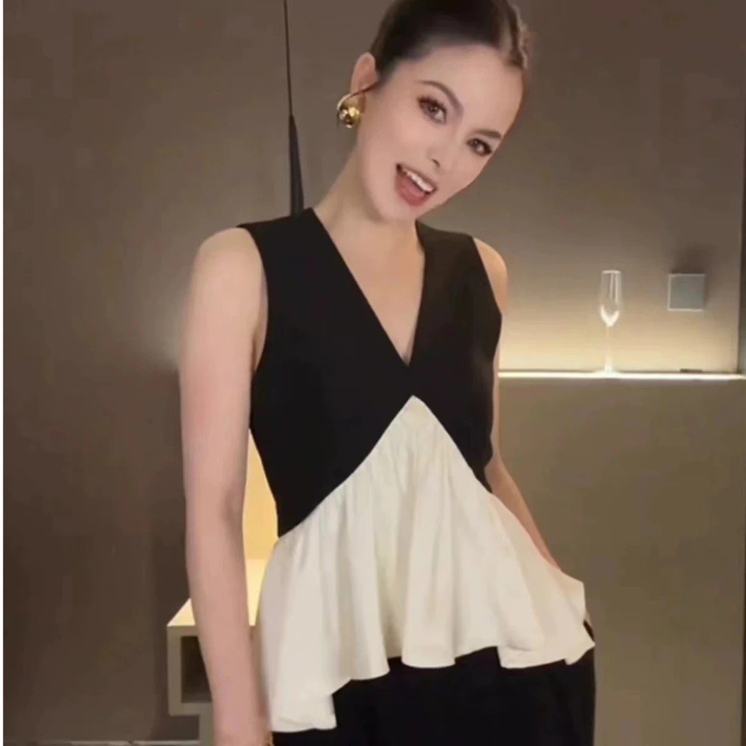 新款夏感独特气质宽松型无袖法式小衫其他显瘦别致撞色时尚