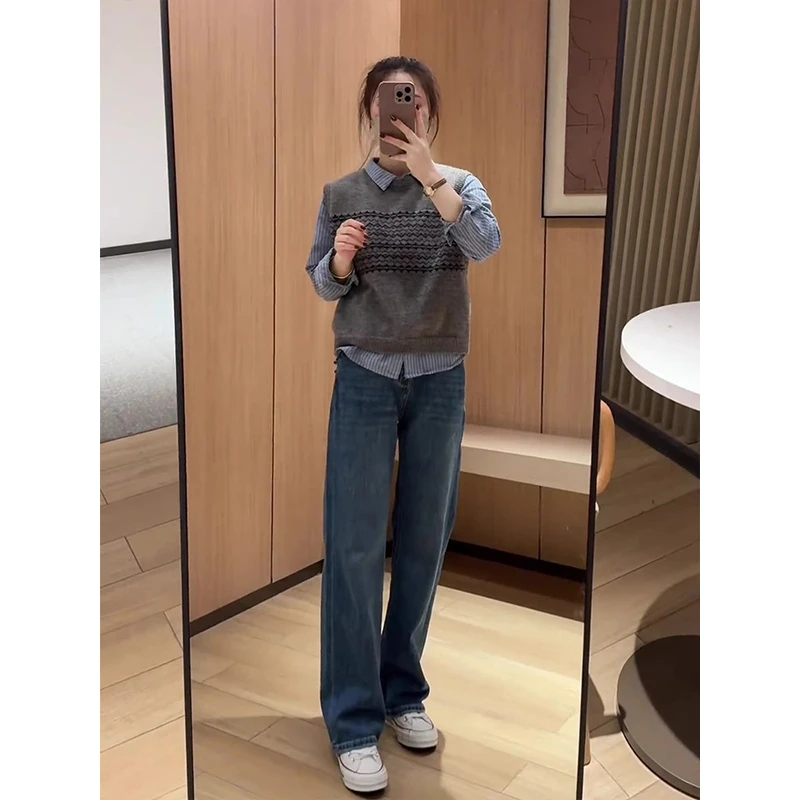 小个子微胖阔腿牛仔裤窄版阔腿牛仔裤女秋2025新款宽松显瘦直筒裤