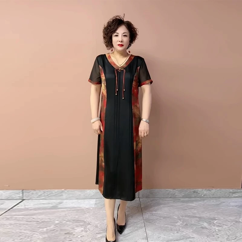 洋气妈妈旗袍裙夏季新款中式国风拼接设计感大码显瘦短袖长裙