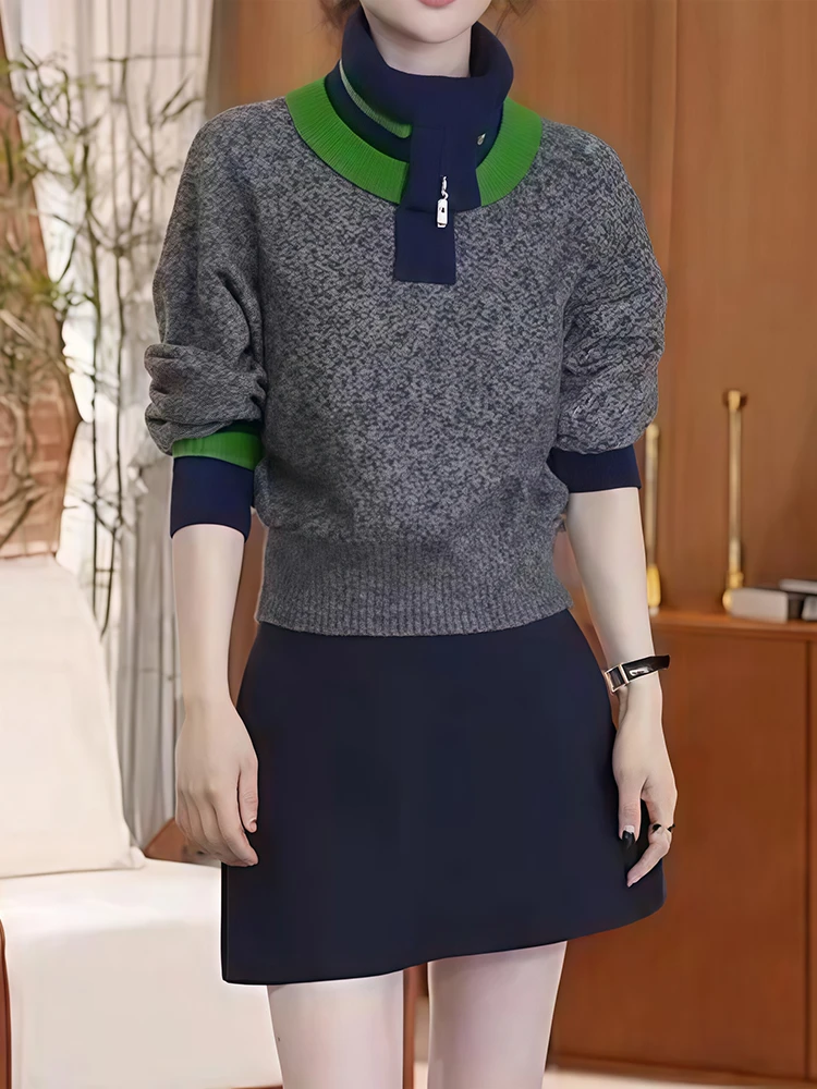 欧货时尚拼色半拉链海军领气质复古针织衫女2025气度新款百搭毛衣