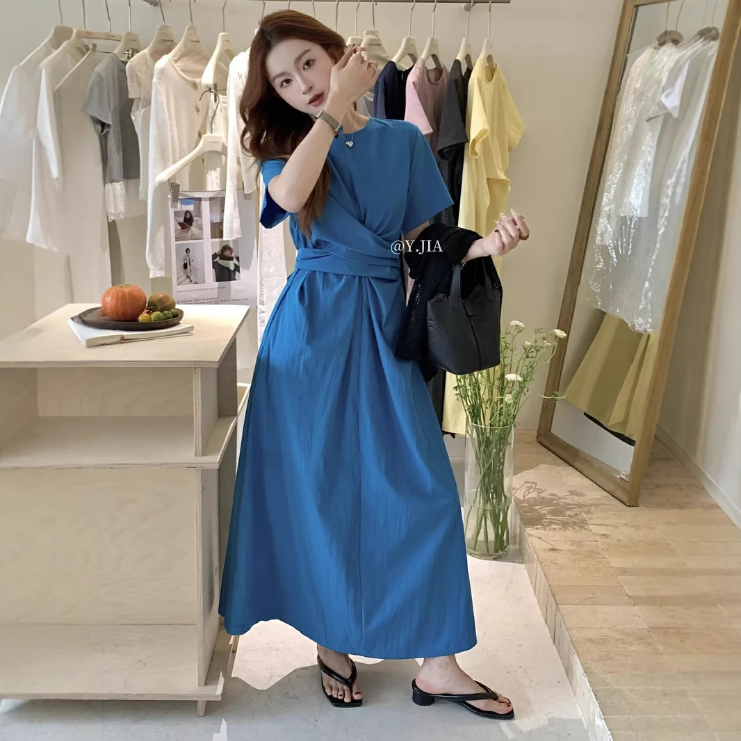 Y.JIA伊嘉夏法式气质交叉收腰蝴蝶结夏季a字后妈裙A字长裙7891