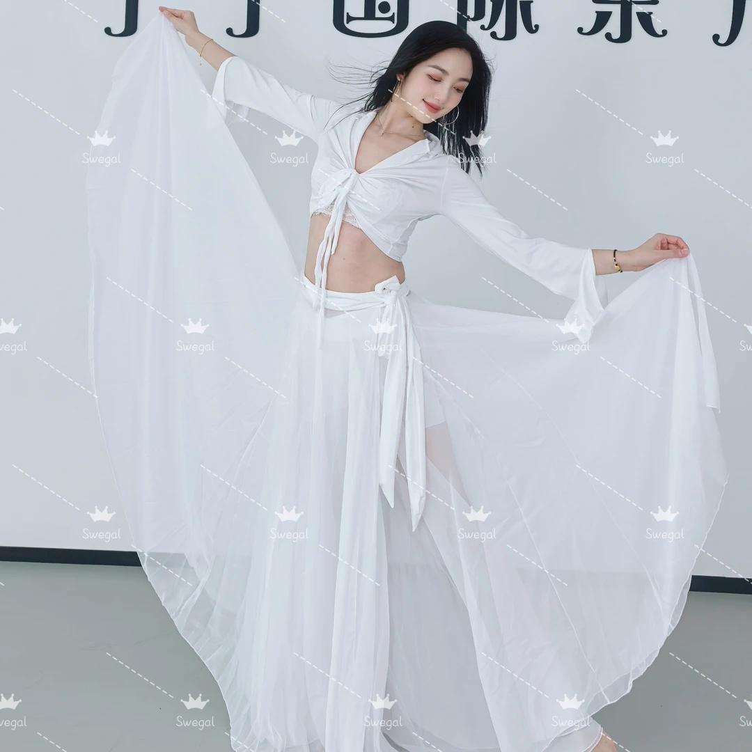 Swegal肚皮舞东方舞服饰系绑1300度大摆裙套装白色仙气飘飘现代舞