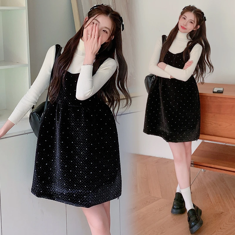 2024秋冬法式小香风孕妇背带丝绒连衣裙打底毛衣套装小个子150cm