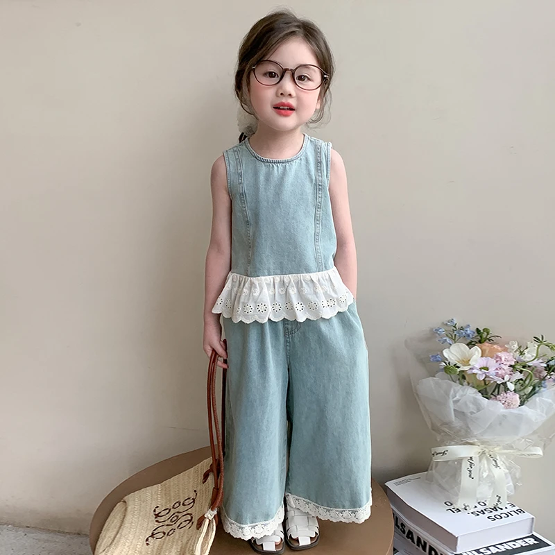 女童夏季牛仔花边拼接套装女宝宝夏款背心无袖上衣阔腿裤两件套潮
