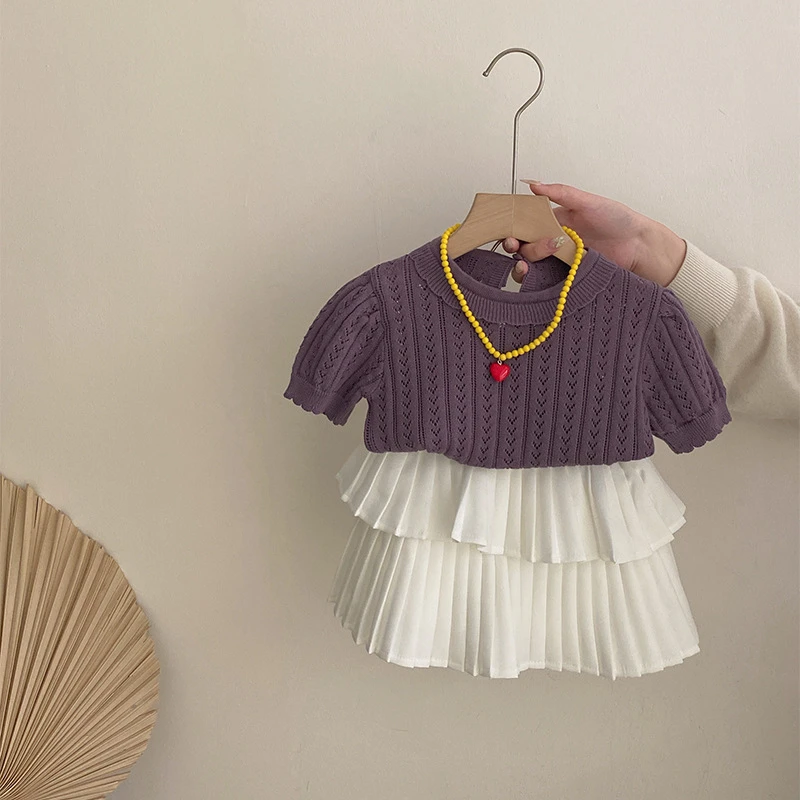 R25085女童2025夏装新纯色针织甜美花边上衣半身蛋糕百褶裙百搭潮