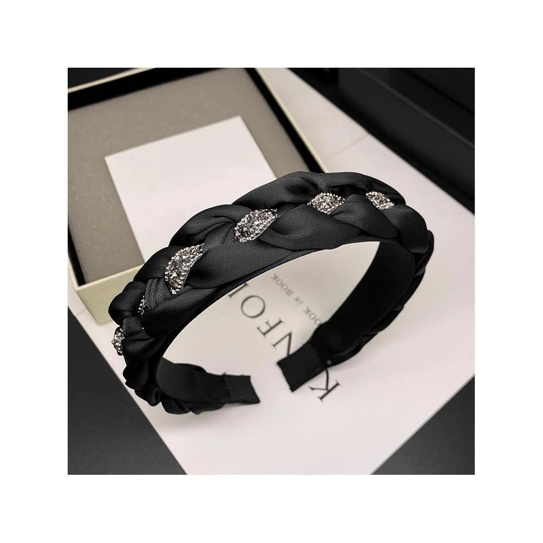 轻奢黑色编织高颅顶发箍女高级感宽边镶钻头箍百搭外出发捆头饰