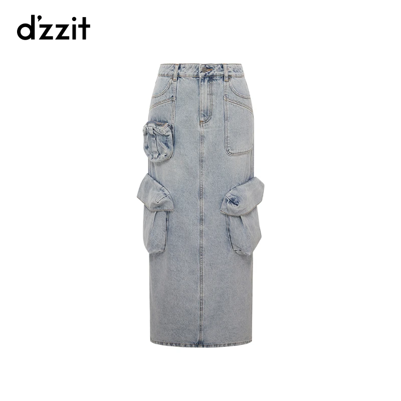 dzzit地素半身裙夏季工装风后开叉设计棉质牛仔裙长裙女3I2RI10