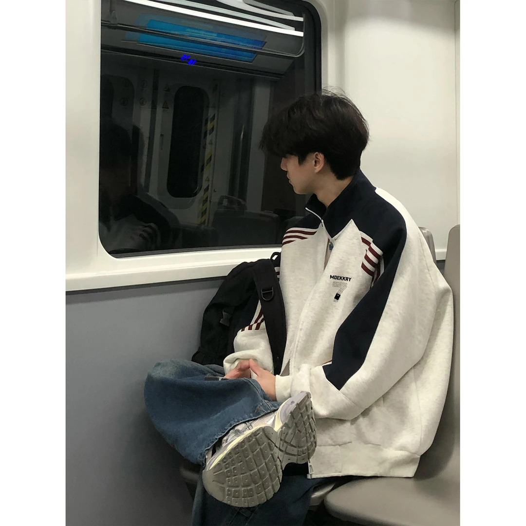 美式简约风数字印花撞色三条杠立领开衫外套男女秋冬情侣休闲卫衣
