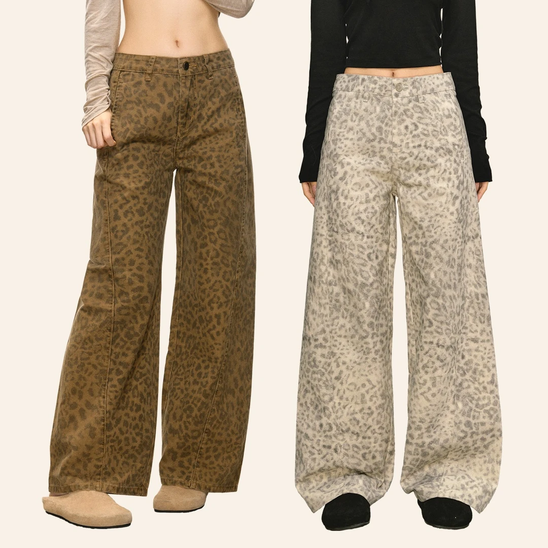 anna aneae100棉豹纹牛仔裤女秋冬棕色低腰设计感宽松直筒阔腿裤