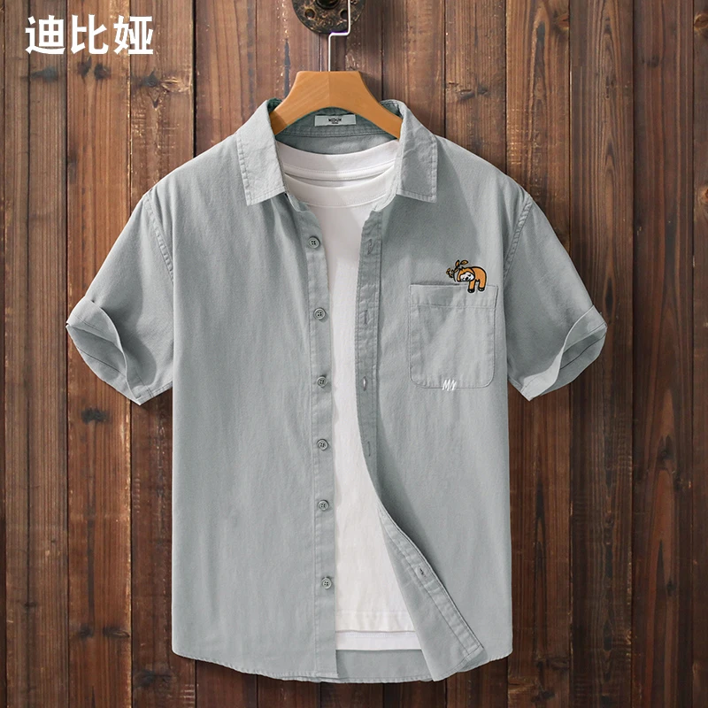 迪比娅树懒刺绣短袖衬衫男夏季潮纯棉透气休闲翻领帅气休闲衬衣Y