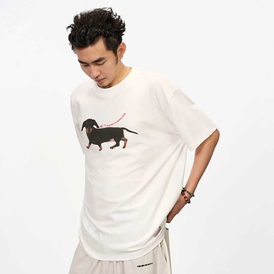 NEVER EMPTY烫钻项链腊肠狗短袖T恤男女同款 2025夏季新款潮上衣