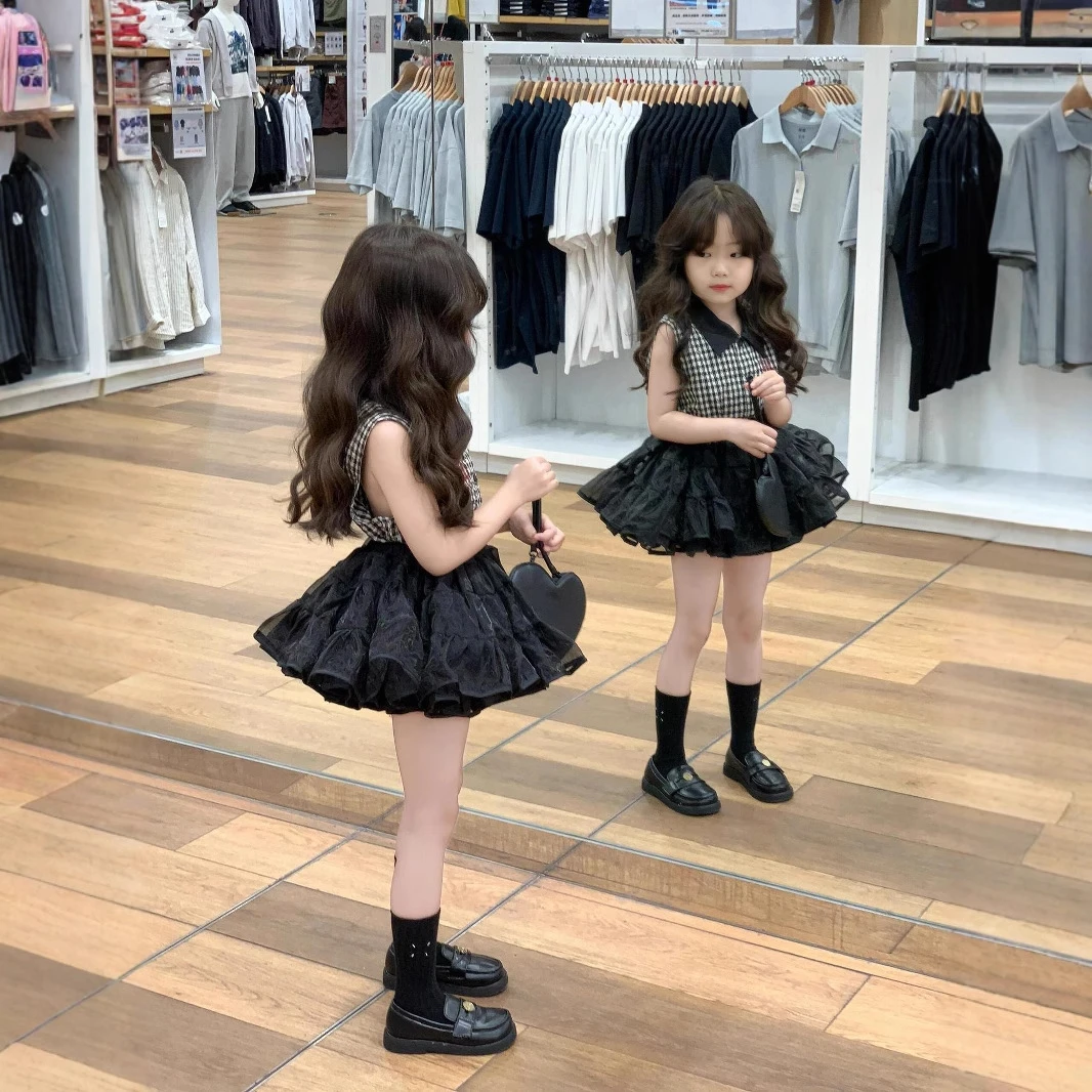 夏季新款女童小香风套装儿童格子翻领衬衫+蓬蓬半身纱裙