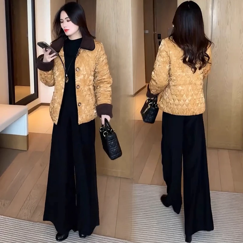 时尚夹棉短款外套女2025冬季新款拼接翻领减龄显瘦妈妈装夹棉外套