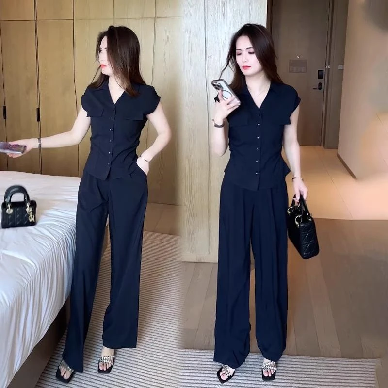 休闲女装时尚套装女2025夏季新款洋气减龄高级感短袖阔腿裤两件套