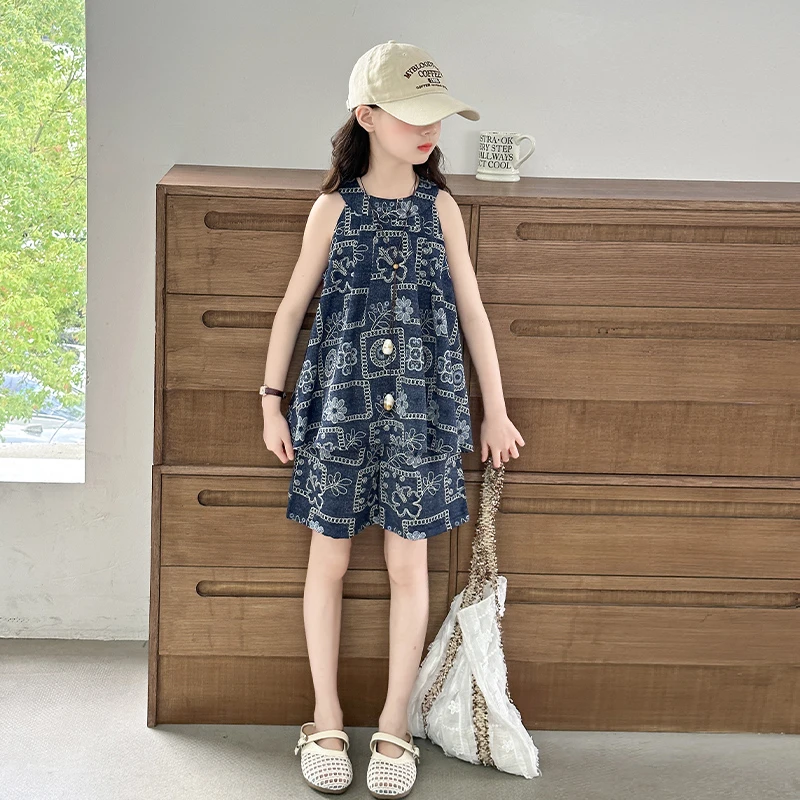 女童夏季套装2025新款儿童洋气时髦女中大童夏装无袖短裤两件套薄