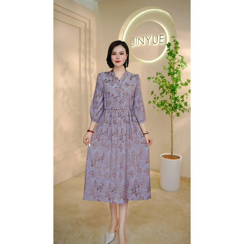 【画姿朵】5729新款小立领紫罗兰花气质收腰显瘦时尚女装连衣裙