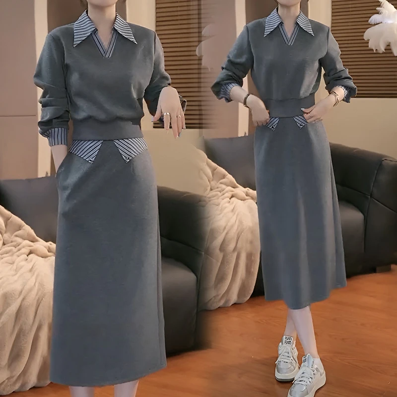 复古拼接设计衬衫领卫衣套装女春秋新款上蕾丝拼接卫衣休闲裤套装